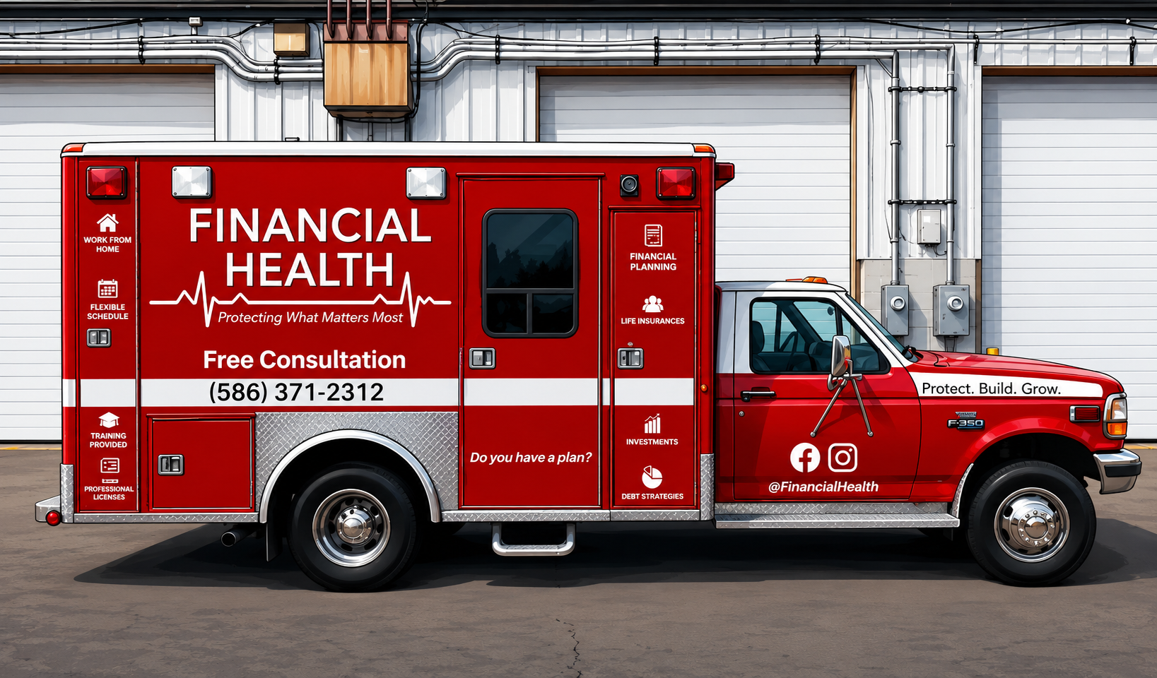Illustrated Financial Health branded ambulance with Free Consultation phone number (586) 371-2312
