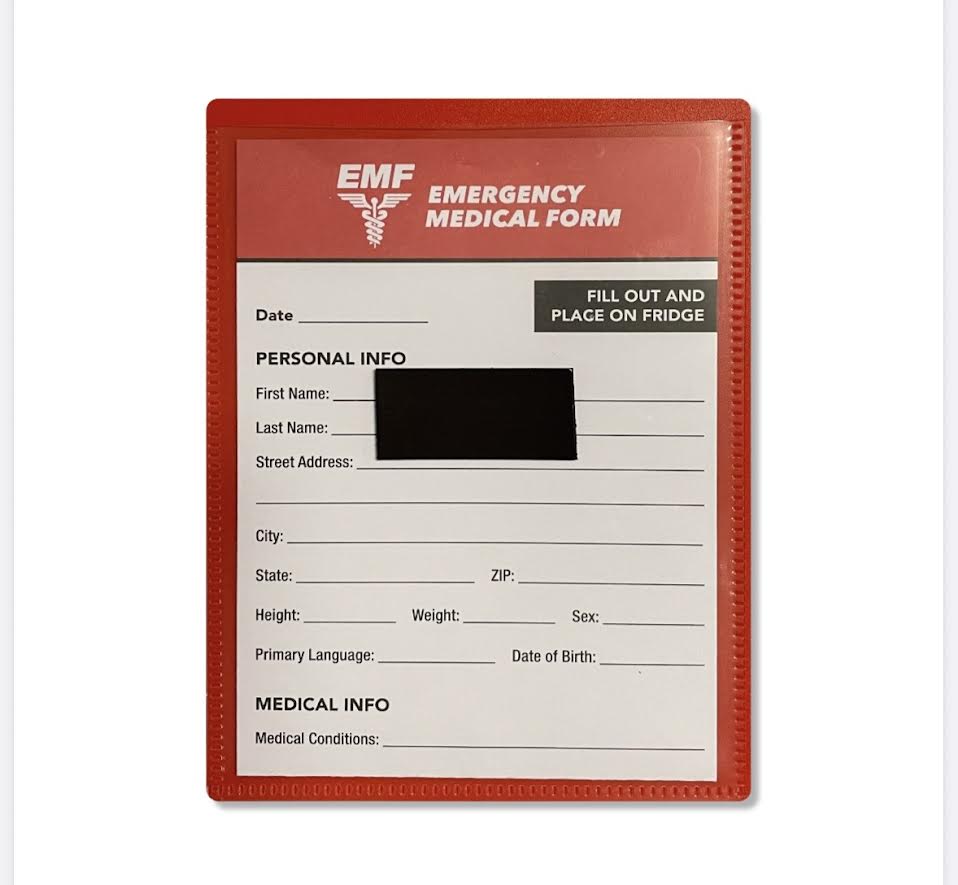 Magnetic emergency packet on the refrigerator