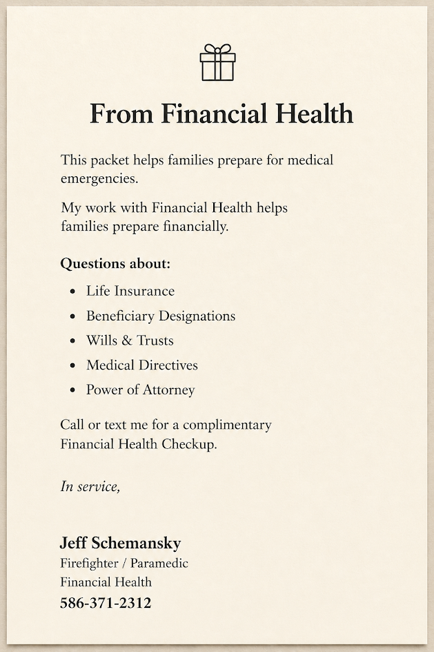 A personal note from Jeff Schemansky, owner of Financial Health and a Firefighter and Paramedic, explaining how the packet helps families prepare for medical emergencies.
